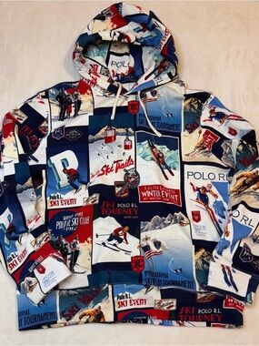 Polo Ralph Lauren Multi-Color Ski Patchwork Graphic Fleece Hoodie Sweatshirt